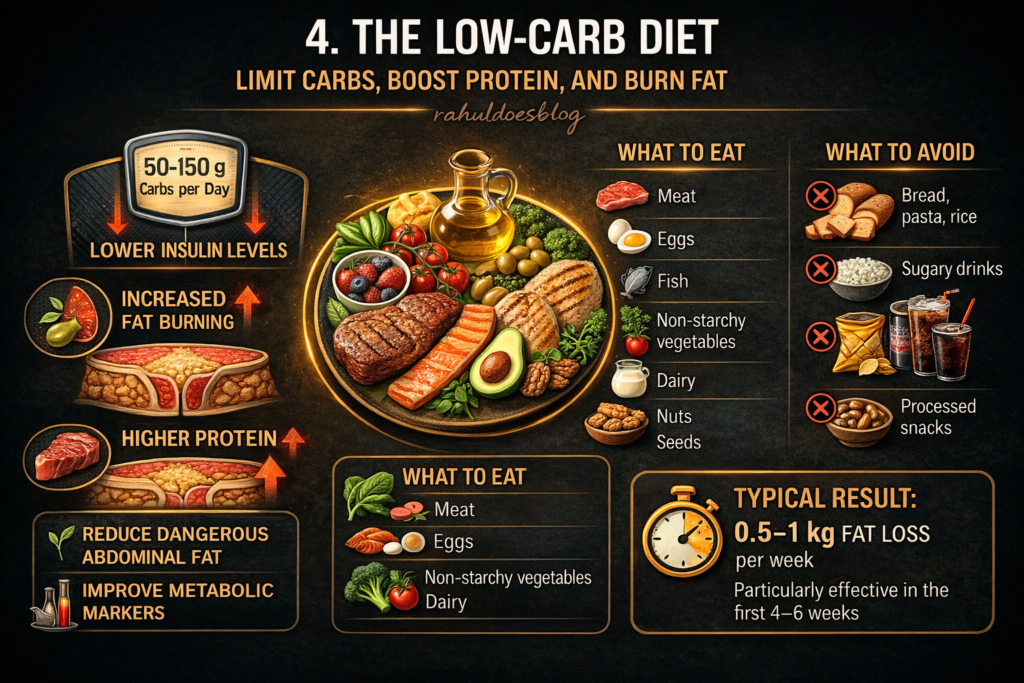 Infographic titled "Low-Carb Diet — Cut Carbs, Burn Fat Faster" on a black background with gold headings and white body text. Explains how reducing carbohydrates lowers insulin, shifts fat burning, and improves metabolic health. Includes a visual carb comparison bar chart showing standard diet at 300g, low-carb at 50 to 150g, and keto at under 50g per day. Lists foods to eat and avoid and notes 0.5 to 1 kg of fat loss per week in the first six weeks. Pro tip warns against quitting during the first two weeks. From rahuldoesblog.