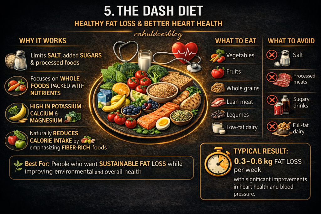 Infographic titled "DASH Diet — Lose Fat and Protect Your Heart" with a dark black and gold editorial design. Covers how the DASH diet eliminates processed foods, reduces water retention, improves insulin resistance and supports heart health alongside fat loss. Shows daily serving recommendations including 4 to 5 servings each of vegetables and fruits, 6 to 8 servings of whole grains and under 2300mg of sodium. Lists foods to eat and avoid. Typical fat loss result is 0.3 to 0.6 kg per week. Pro tip recommends starting by cutting salt first. From rahuldoesblog.