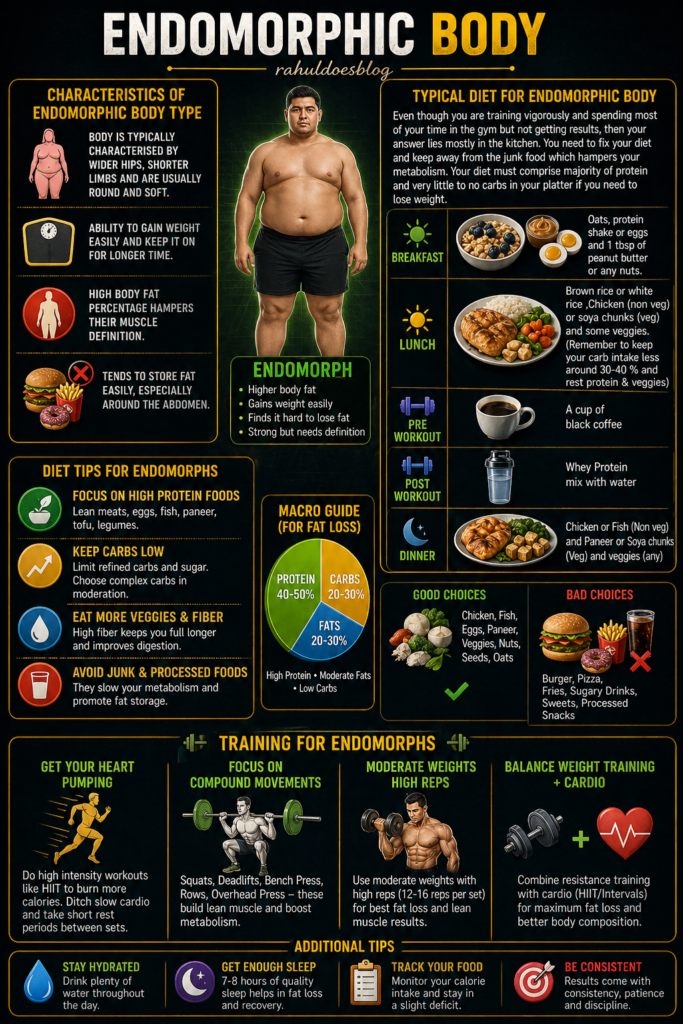 “Endomorphic body type infographic showing characteristics like higher body fat, weight gain tendency, diet plan with high protein and low carbs, sample meals, and training routine including HIIT, weight training, and fat loss strategies.”