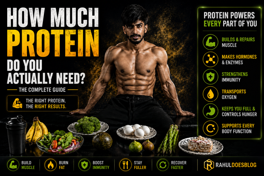 daily protein intake, protein calculator, how much protein to build muscle, protein for fat loss, high protein Indian diet, protein per kg body weight, how much protein is too much