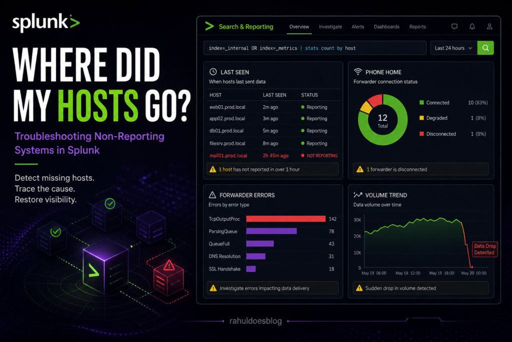 Splunk host not reporting, Splunk troubleshooting, Splunk queries for host status, Splunk forwarder issues, Splunk data not coming, Splunk internal logs, Splunk monitoring, Splunk observability