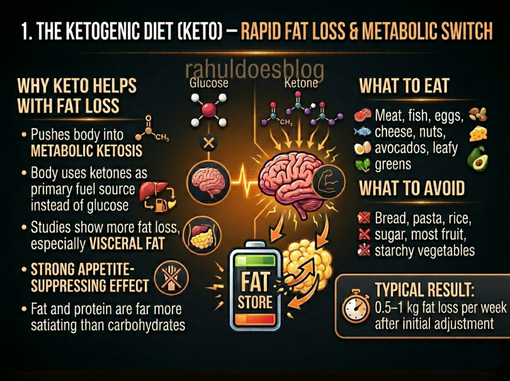 Here is the alt text for all 6 diet infographics, optimised for SEO and accessibility: 🥩 Infographic 1 — Ketogenic Diet Alt Text: Infographic titled "Ketogenic Diet — Enter Fat-Burning Mode" on a dark black background with gold text. Shows why keto works for fat loss including ketosis, reduced insulin, appetite suppression and visceral fat targeting. Displays daily macro breakdown of 70% fats, 25% protein and under 5% carbs. Lists foods to eat and avoid. Pro tip advises replenishing electrolytes during the first week. From rahuldoesblog.