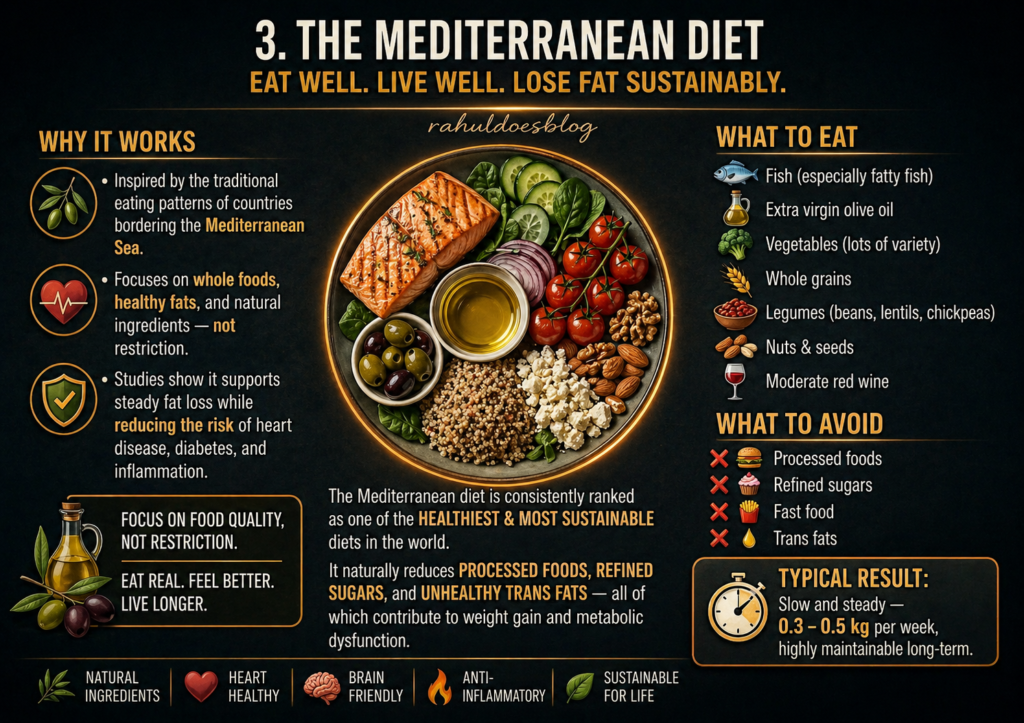 Infographic titled "Mediterranean Diet — Sustainable Fat Loss, For Life" with a dark editorial design and amber gold accents. Highlights the role of olive oil, Omega-3 rich fish, high fibre foods and elimination of processed foods in fat loss. Displays a food pyramid with daily, weekly and occasional food categories. Lists approved foods including fish, olive oil, vegetables and whole grains. Expected result is 0.3 to 0.5 kg per week with long-term weight management benefits. From rahuldoesblog.