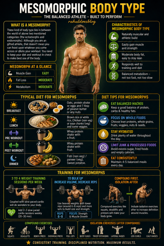 “Mesomorphic body type infographic showing muscular male physique, characteristics of mesomorphs, balanced diet plan with meals (oats, rice, chicken, protein shakes), and training guidelines including weight training, cardio, compound and isolation exercises for muscle growth and fat management.”