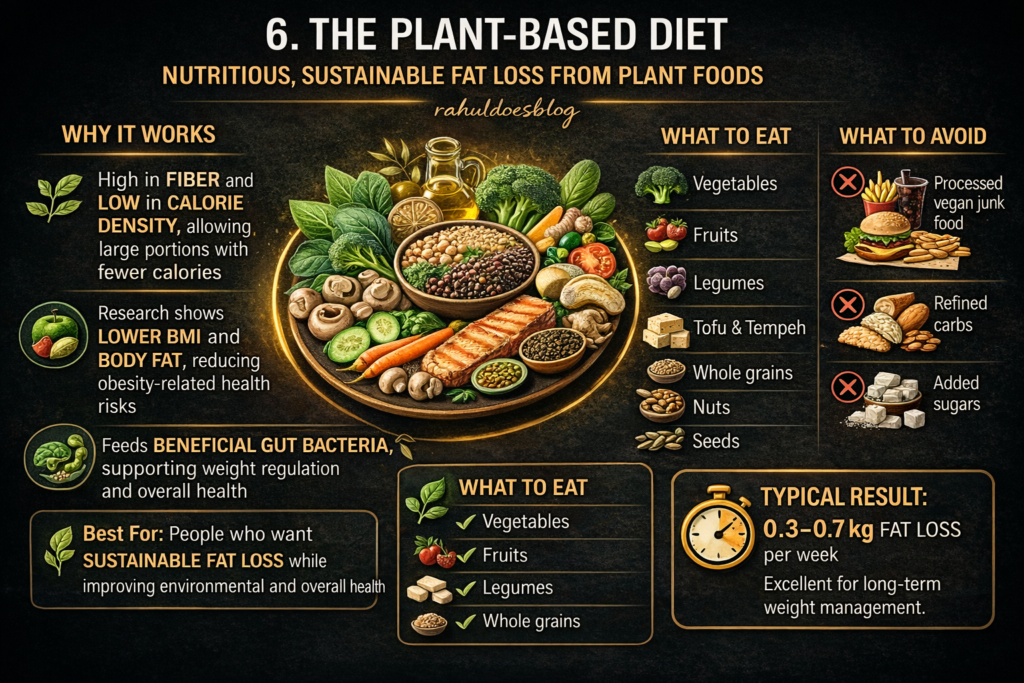 Infographic titled "Plant-Based Diet — Eat More, Weigh Less" on a dark background with gold and white text. Explains how plant foods are low in calorie density, high in fibre, support gut health and reduce inflammation for effective fat loss. Shows a plate breakdown of 50% vegetables and fruits, 25% whole grains and 25% legumes and protein. Lists plant-based foods to eat and processed vegan foods to avoid. Expected fat loss is 0.3 to 0.7 kg per week. Pro tip notes a flexitarian approach of 80% plant foods also delivers strong results. From rahuldoesblog.