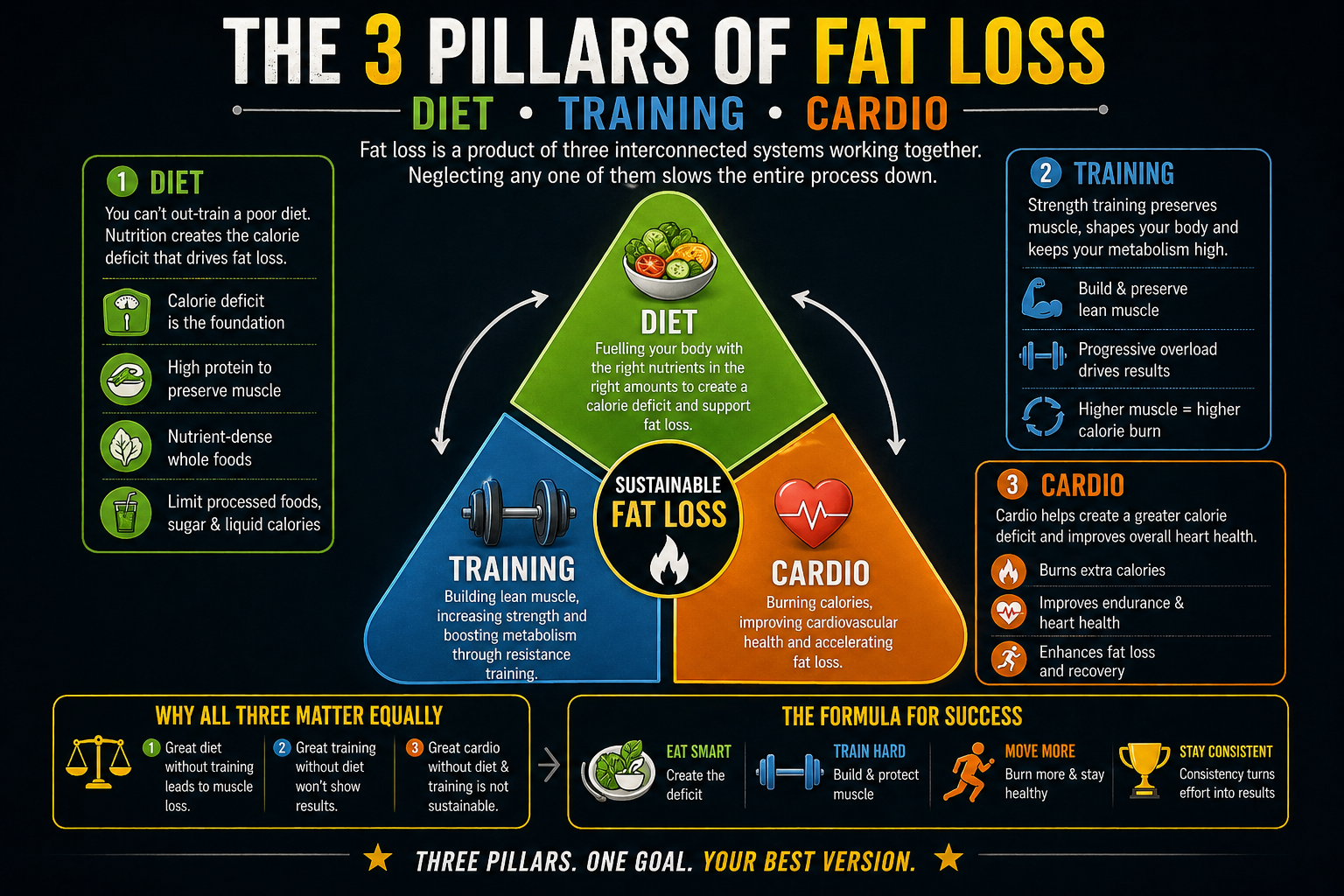 Infographic showing the three pillars of fat loss — Diet, Training and Cardio — presented as a triangle visual on a dark black background with gold and white text. Diet is highlighted as contributing 70% of fat loss results. From rahuldoesblog.
