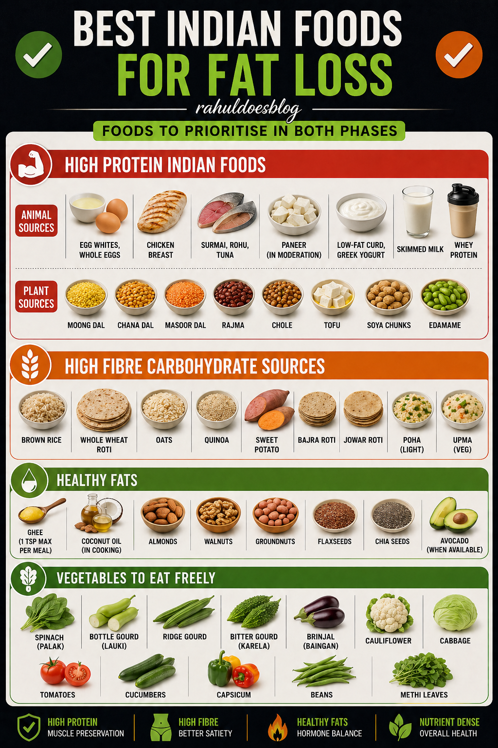 "Best Indian Foods for Fat Loss" — Categorised food list visual