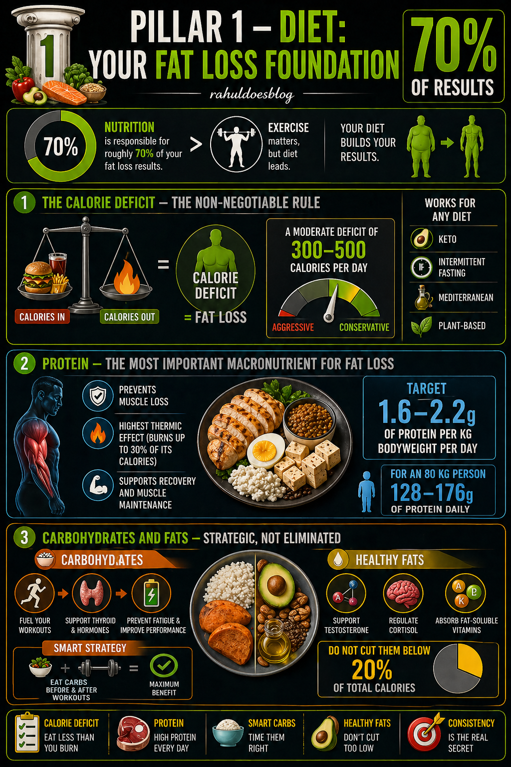 Infographic stat callout card titled "Diet is 70% of Your Fat Loss Results" on a dark editorial background with amber gold accents. Explains the role of calorie deficit, high protein intake and strategic carbohydrate and fat consumption in achieving sustainable fat loss. From rahuldoesblog.