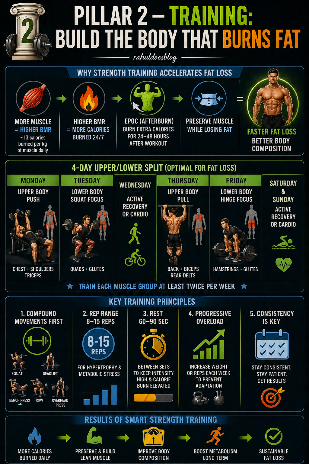 Infographic displaying a 4-day upper and lower body strength training split for fat loss on a dark black background with gold headings and white text. Monday is upper body push covering chest, shoulders and triceps. Tuesday is lower body squat focus. Thursday is upper body pull covering back, biceps and rear delts. Friday is lower body hinge focus covering hamstrings and glutes. Wednesday, Saturday and Sunday are rest or cardio days. Includes key training principles such as progressive overload, compound movements and 8 to 15 rep ranges. From rahuldoesblog.