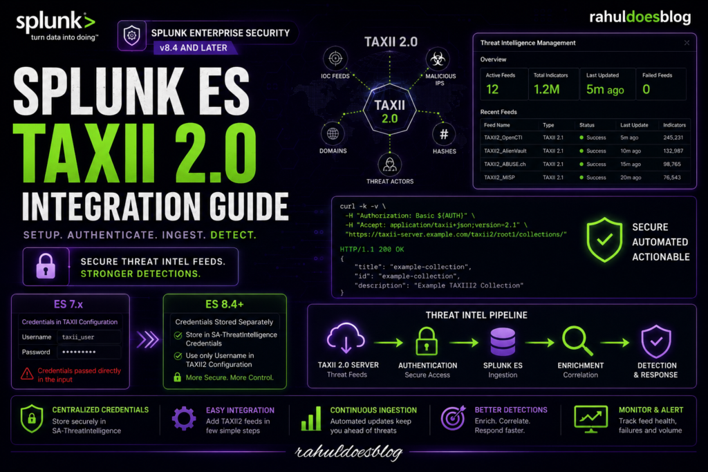 Learn how to integrate TAXII 2.0 threat intelligence feeds in Splunk Enterprise Security 8.4 and later. Step-by-step setup guide, authentication changes from ES 7.x, troubleshooting tips, and TAXII2 configuration best practices.