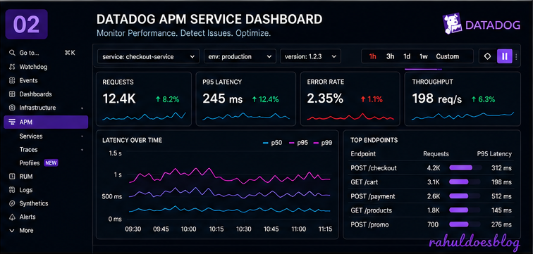 Datadog APM dashboard showing latency error rate throughput and service performance