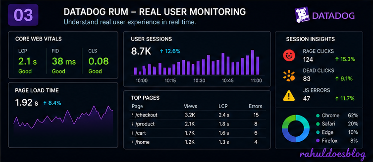 Datadog RUM dashboard showing user sessions rage clicks and performance metrics