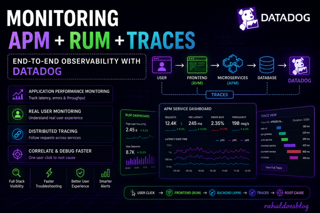 Datadog monitoring dashboard showing APM RUM and distributed tracing for full stack observability